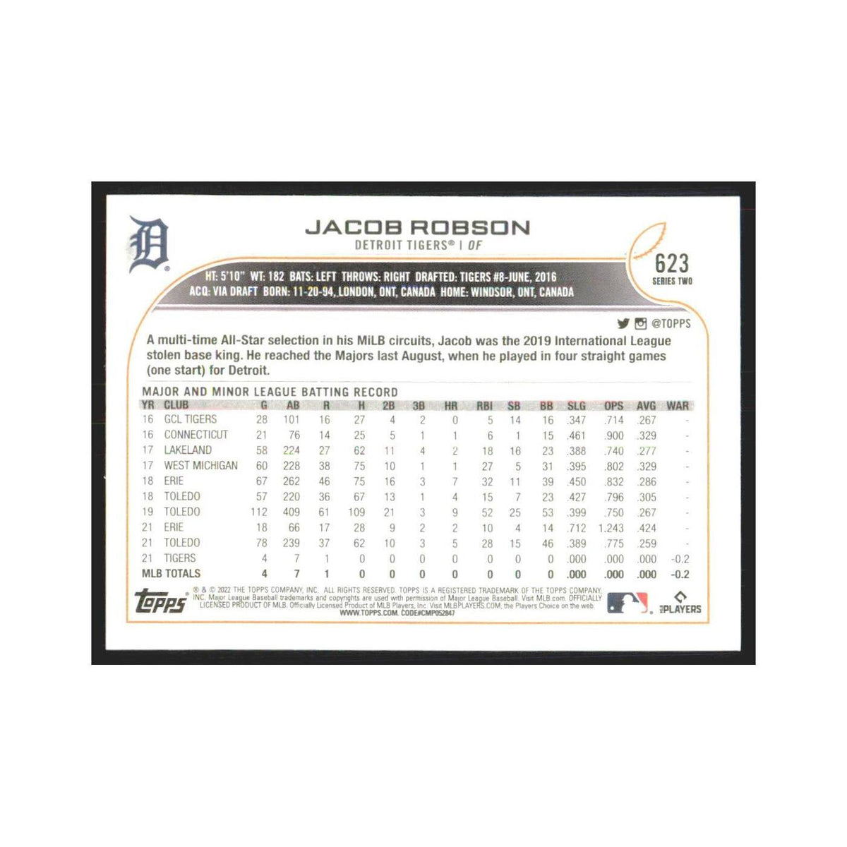 2022 Topps Jacob Robson RC Tigers #623