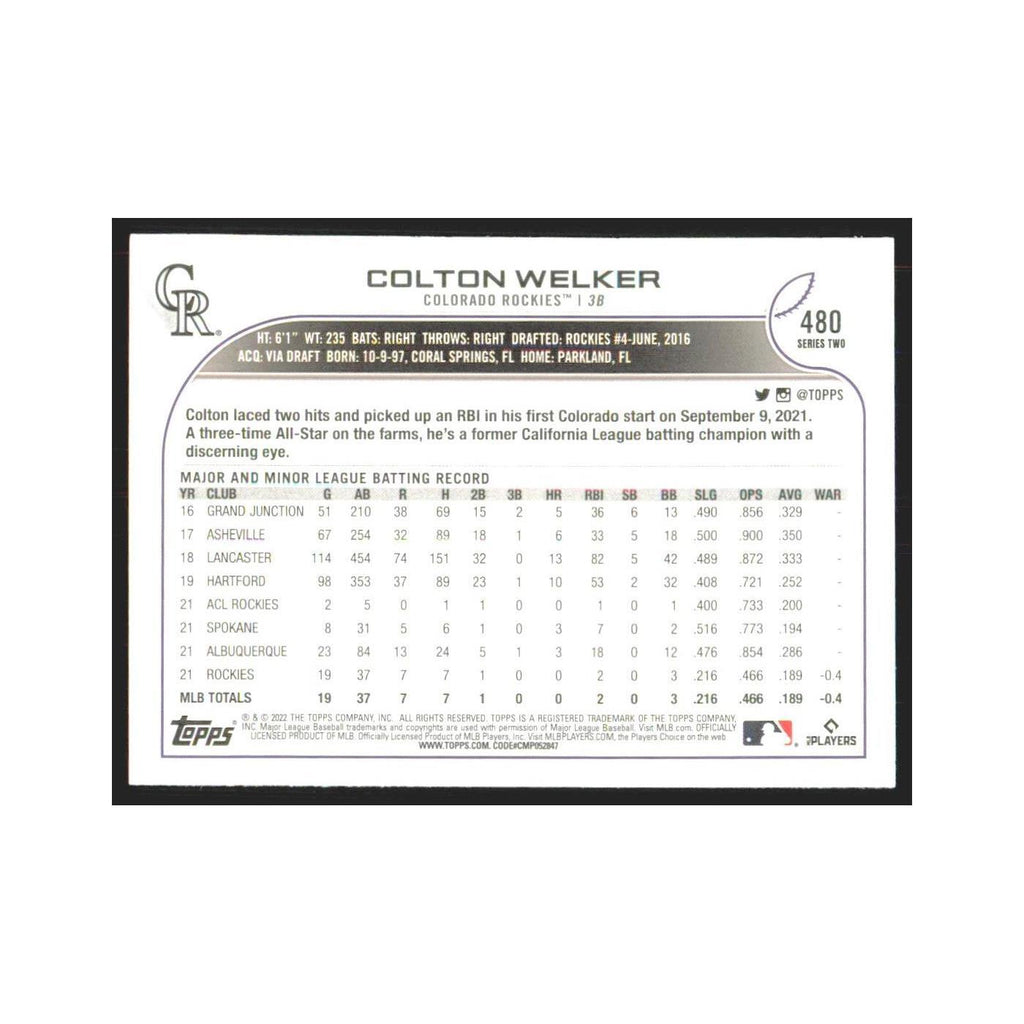 2022 Topps Colton Welker RC Rockies #480