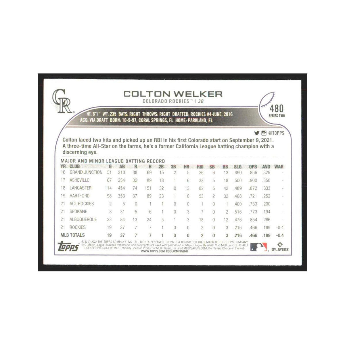 2022 Topps Colton Welker RC Rockies #480
