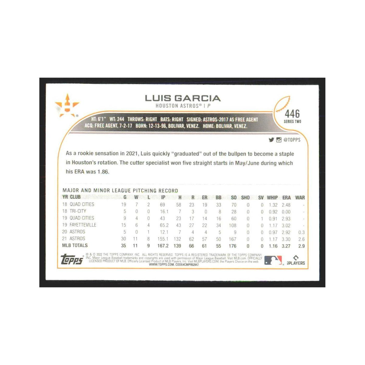 2022 Topps Luis Garcia Astros #446