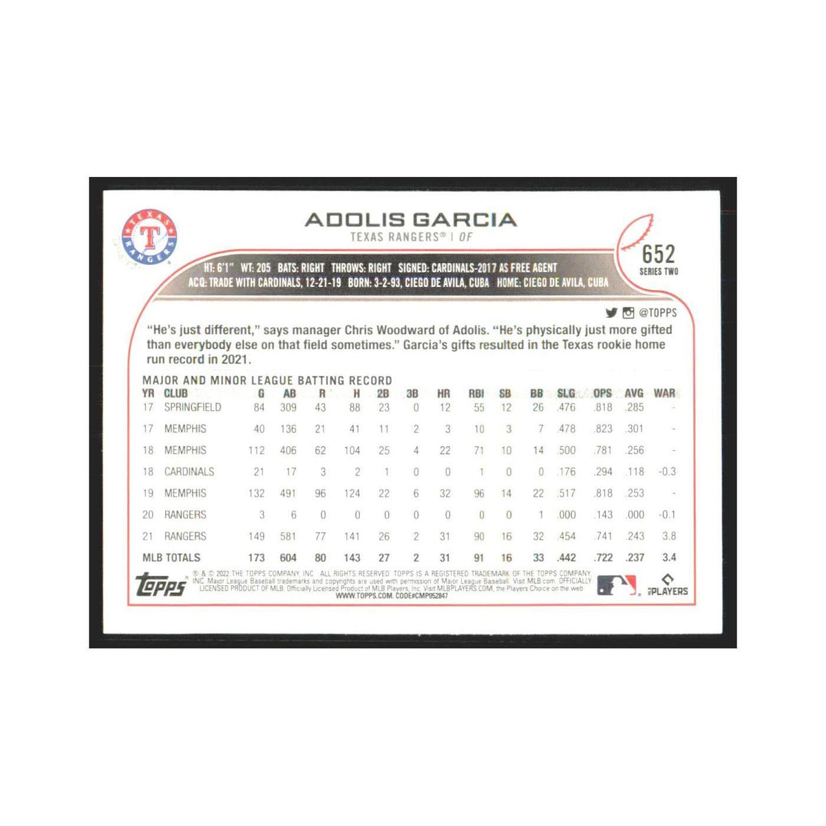 2022 Topps Adolis Garcia Rangers #652