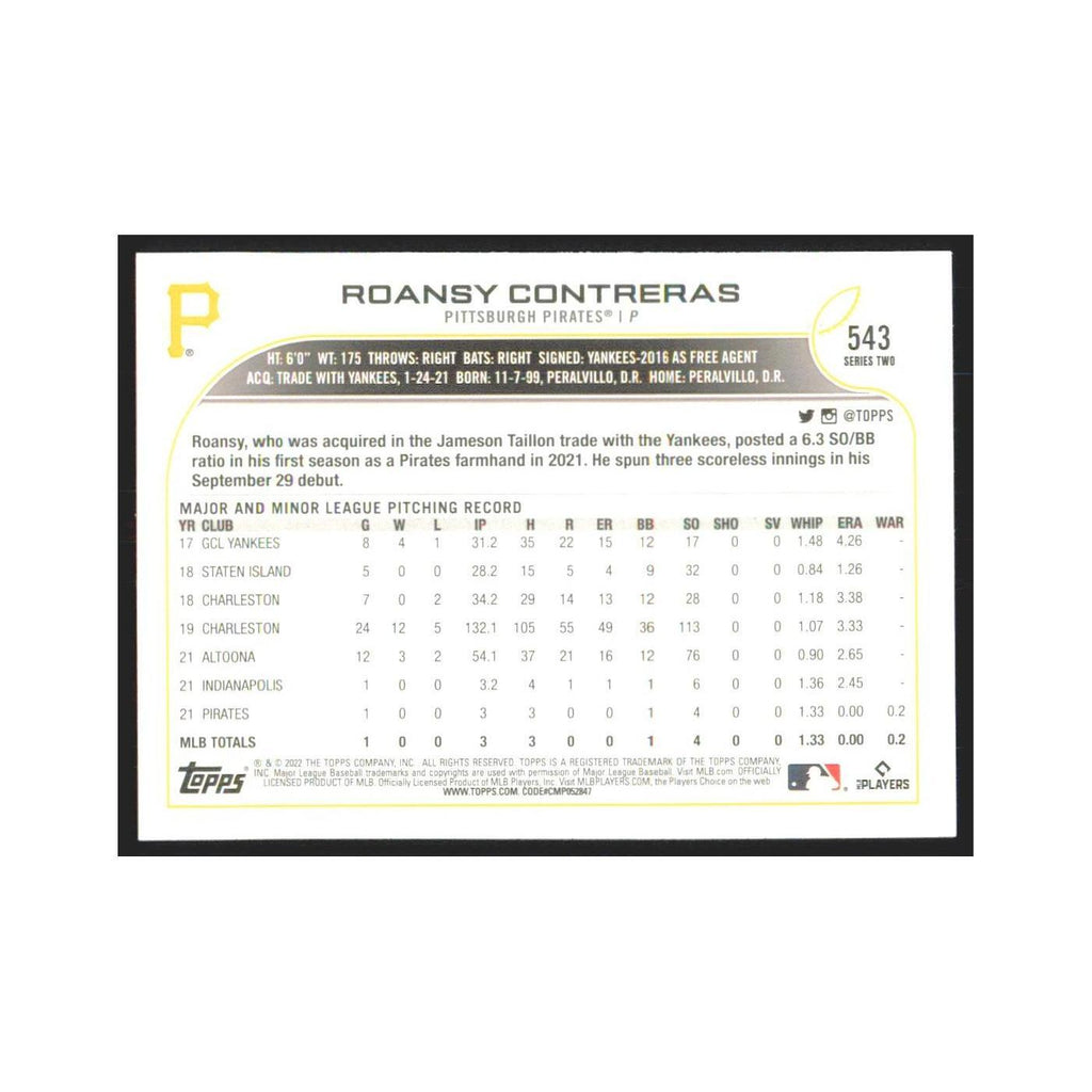 2022 Topps Roansy Contreras RC Pirates #543