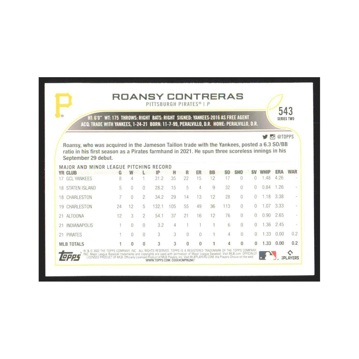 2022 Topps Roansy Contreras RC Pirates #543