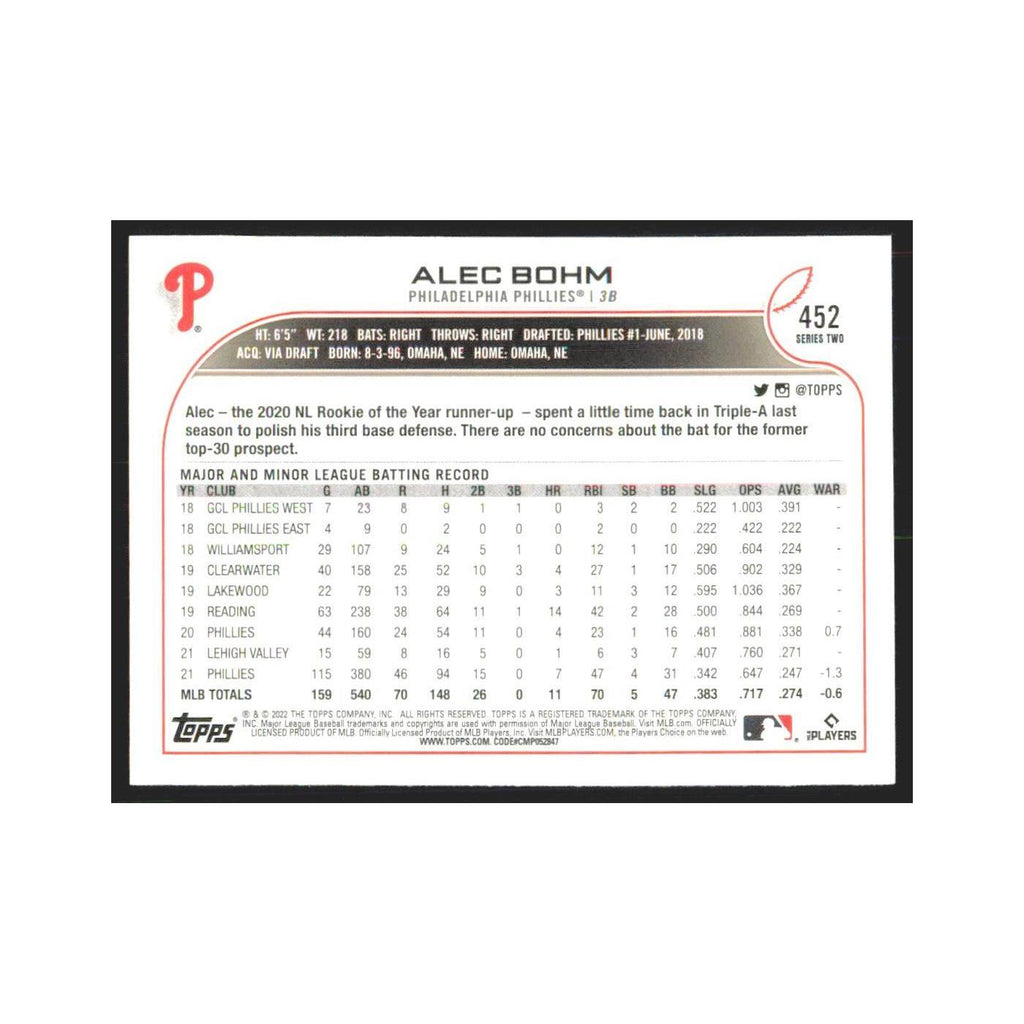 2022 Topps Alec Bohm Phillies #452