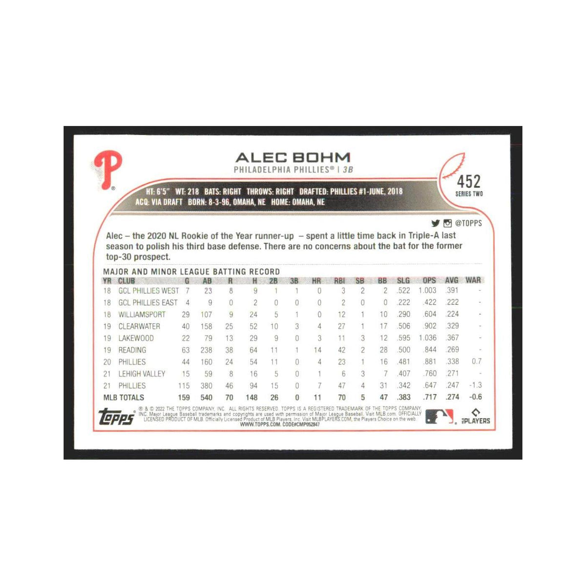 2022 Topps Alec Bohm Phillies #452