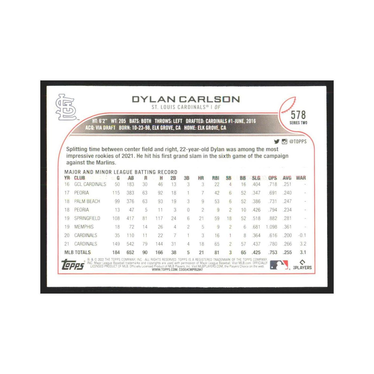 2022 Topps Dylan Carlson Cardinals #578
