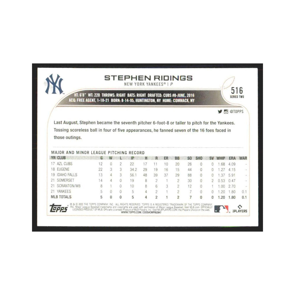 2022 Topps Stephen Ridings RC Yankees #516