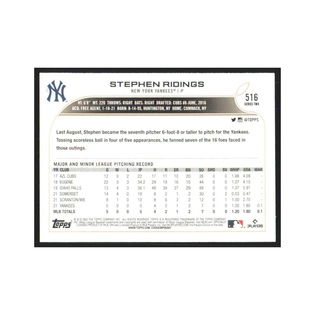 2022 Topps Stephen Ridings RC Yankees #516