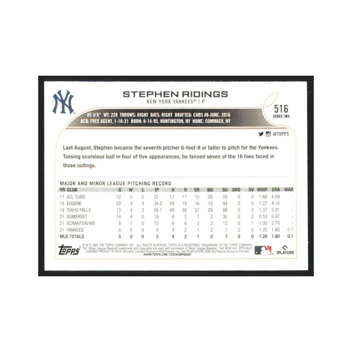 2022 Topps Stephen Ridings RC Yankees #516