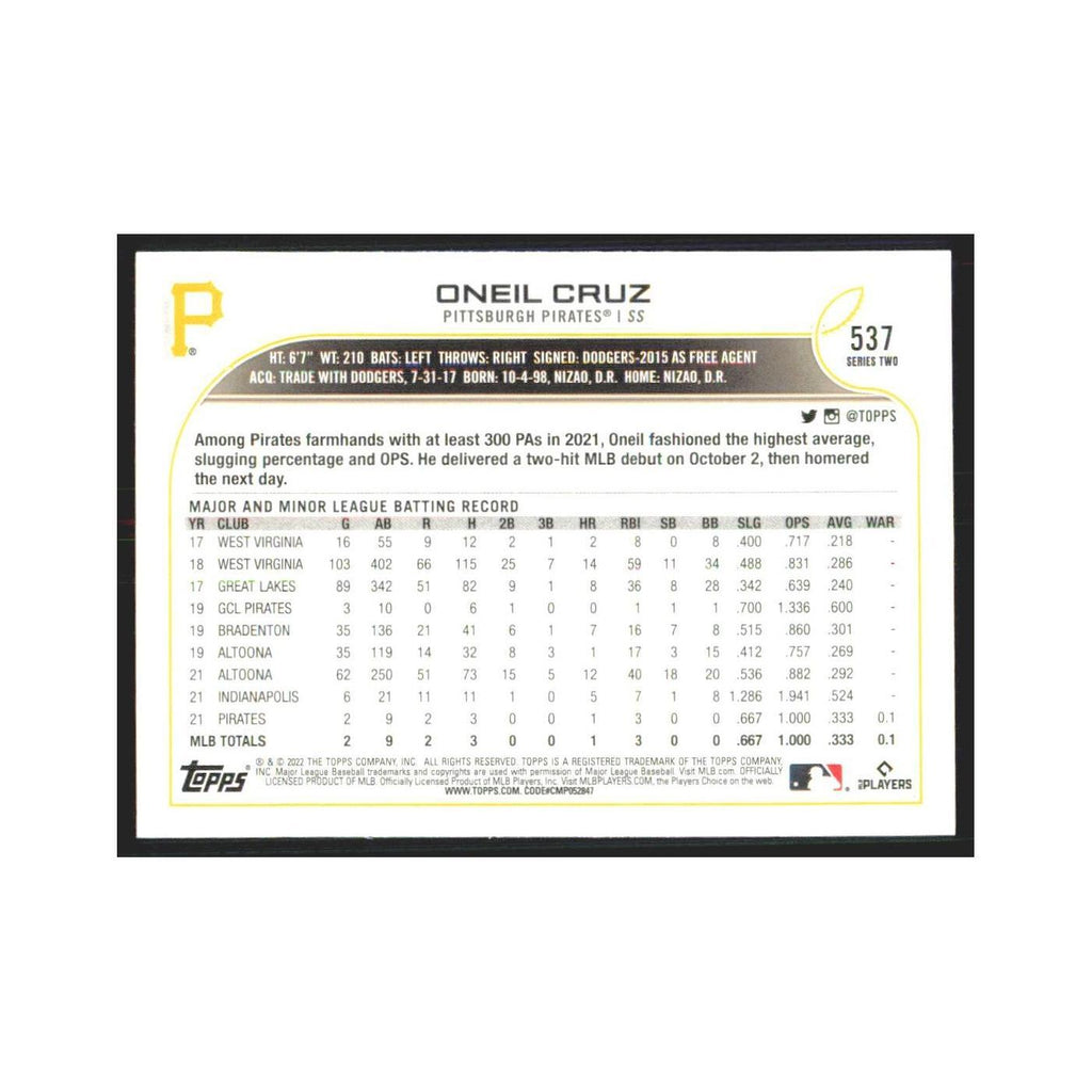 2022 Topps Oneil Cruz RC Pirates #537