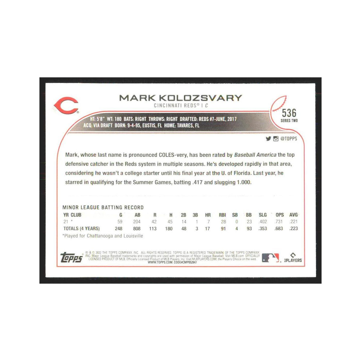 2022 Topps Mark Kolozsvary RC Reds #536