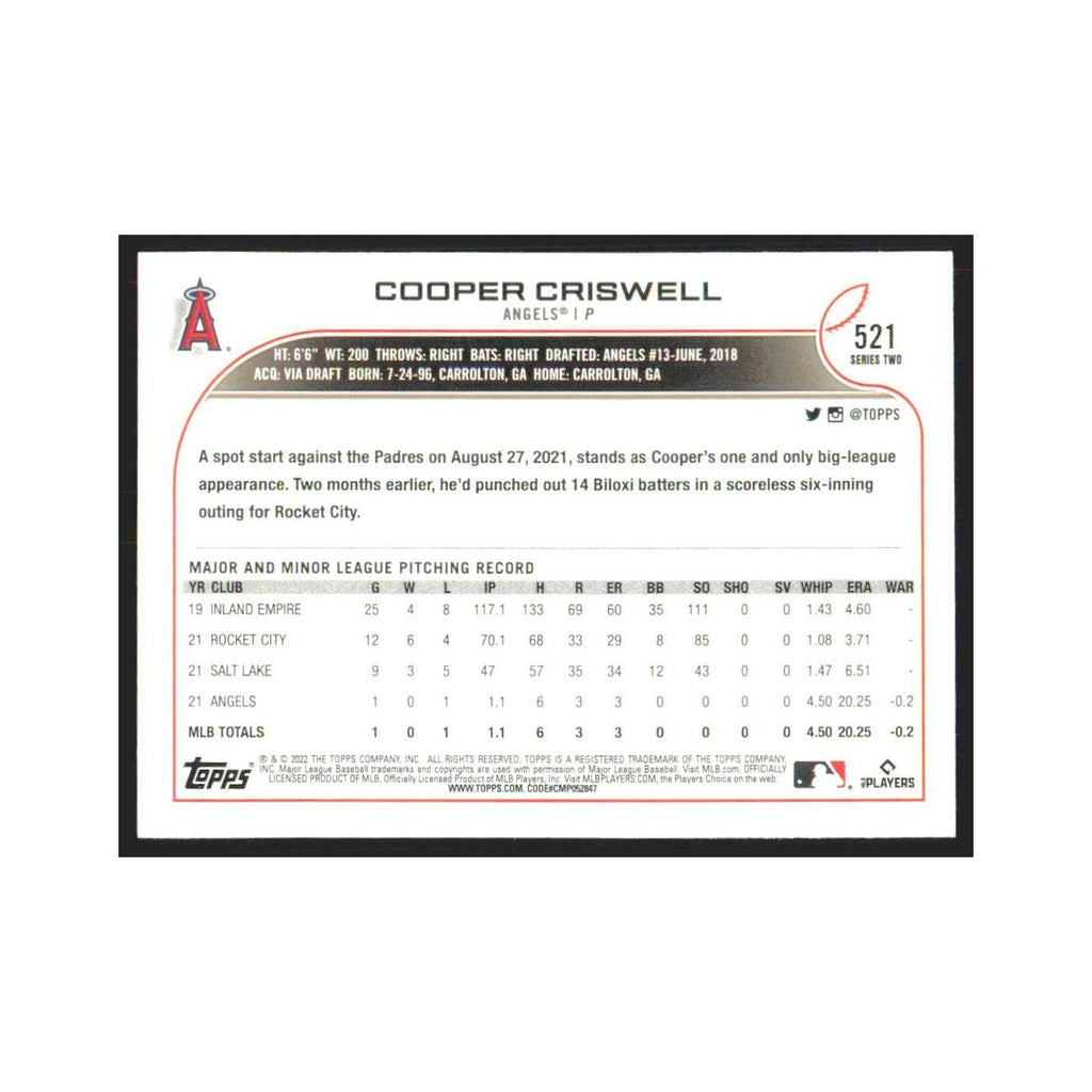 2022 Topps Cooper Criswell RC Angels #521