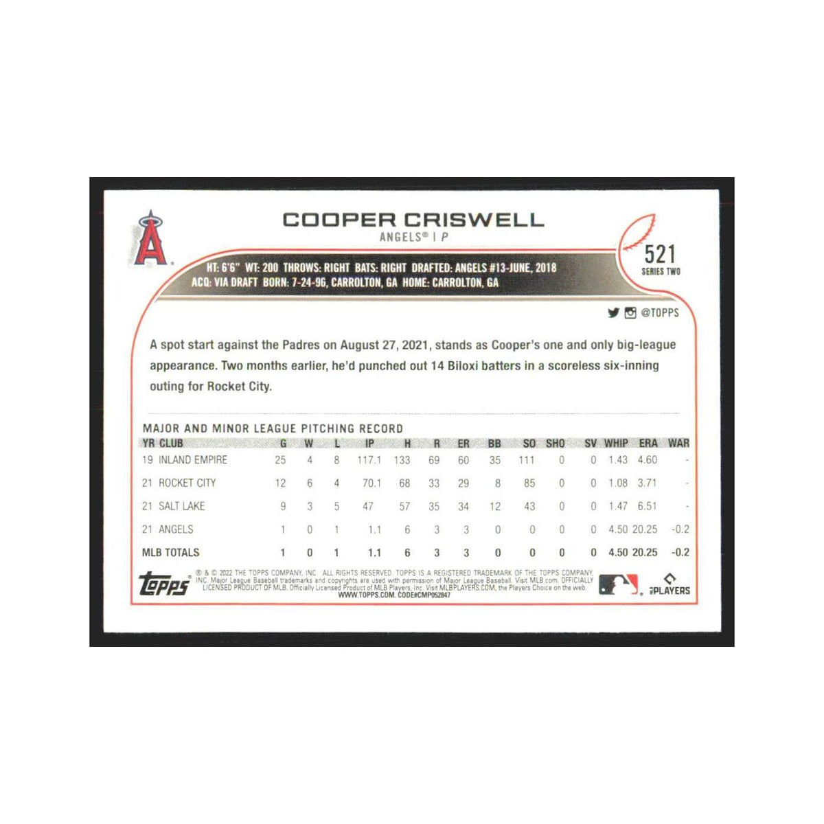 2022 Topps Cooper Criswell RC Angels #521