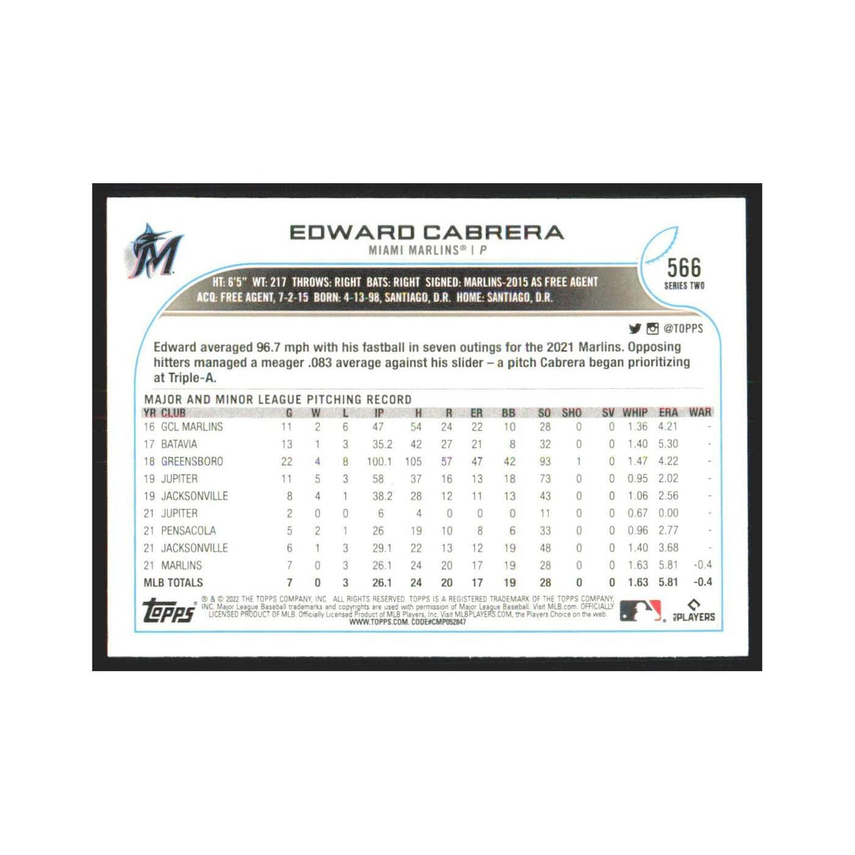 2022 Topps Edward Cabrera RC Marlins #566