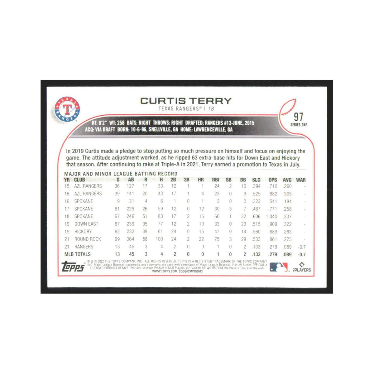 2022 Topps Curtis Terry RC Rangers #97
