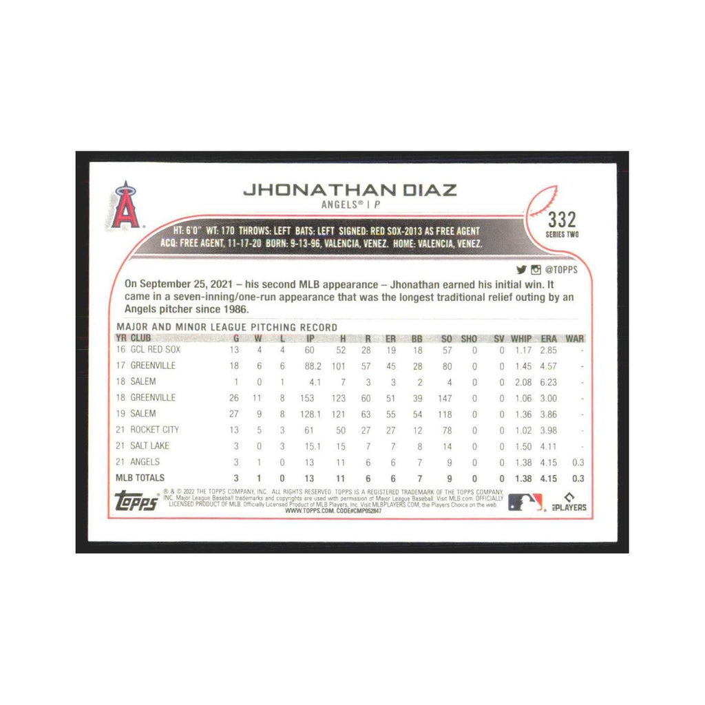 2022 Topps Jhonathan Diaz RC Angels #332