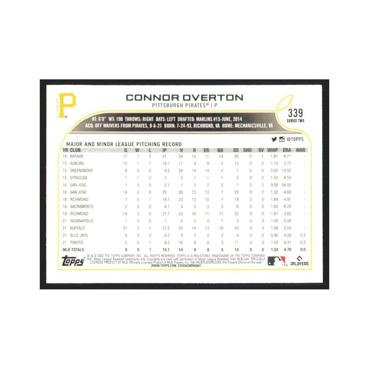 2022 Topps Connor Overton RC Pirates #339