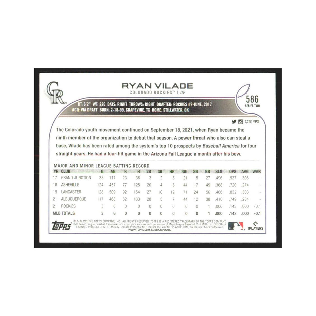 2022 Topps Ryan Vilade RC Rockies #586