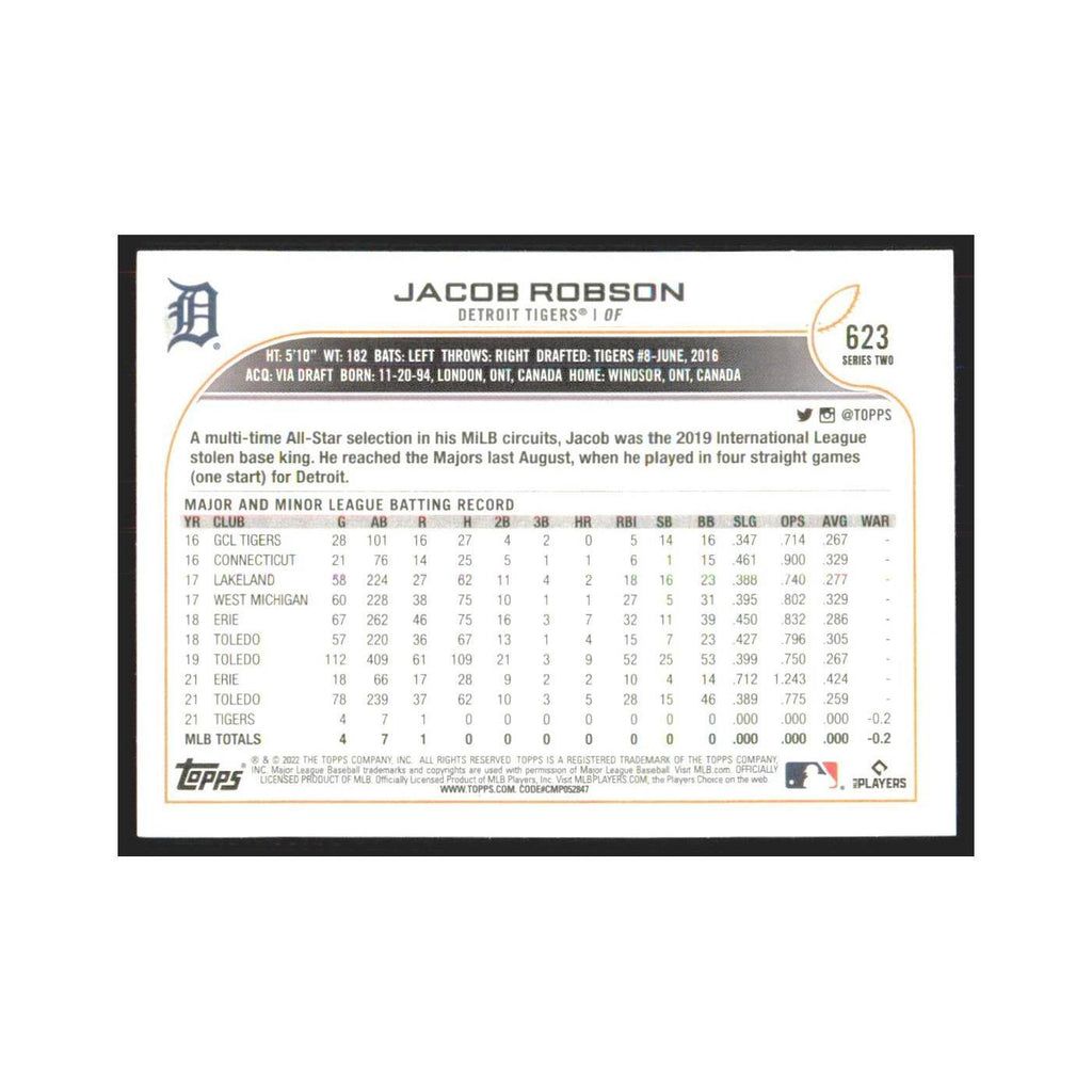 2022 Topps Jacob Robson RC Tigers #623
