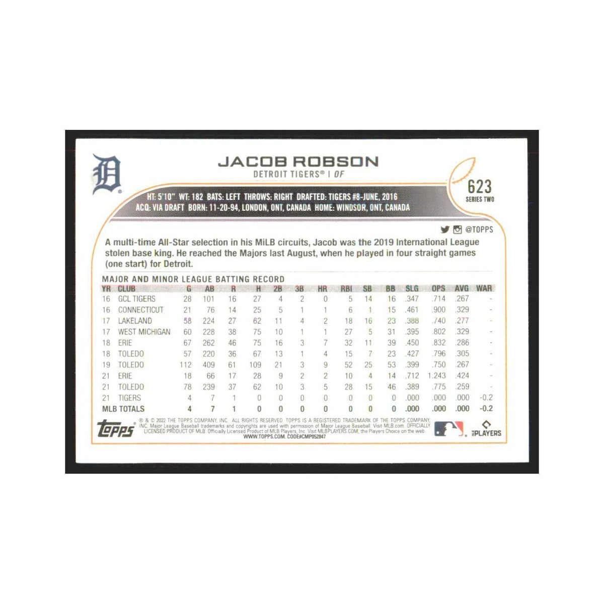 2022 Topps Jacob Robson RC Tigers #623