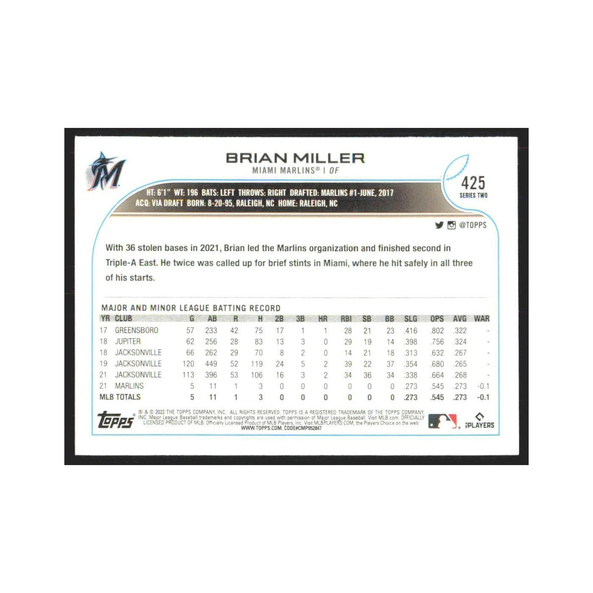 2022 Topps Brian Miller RC Marlins #425