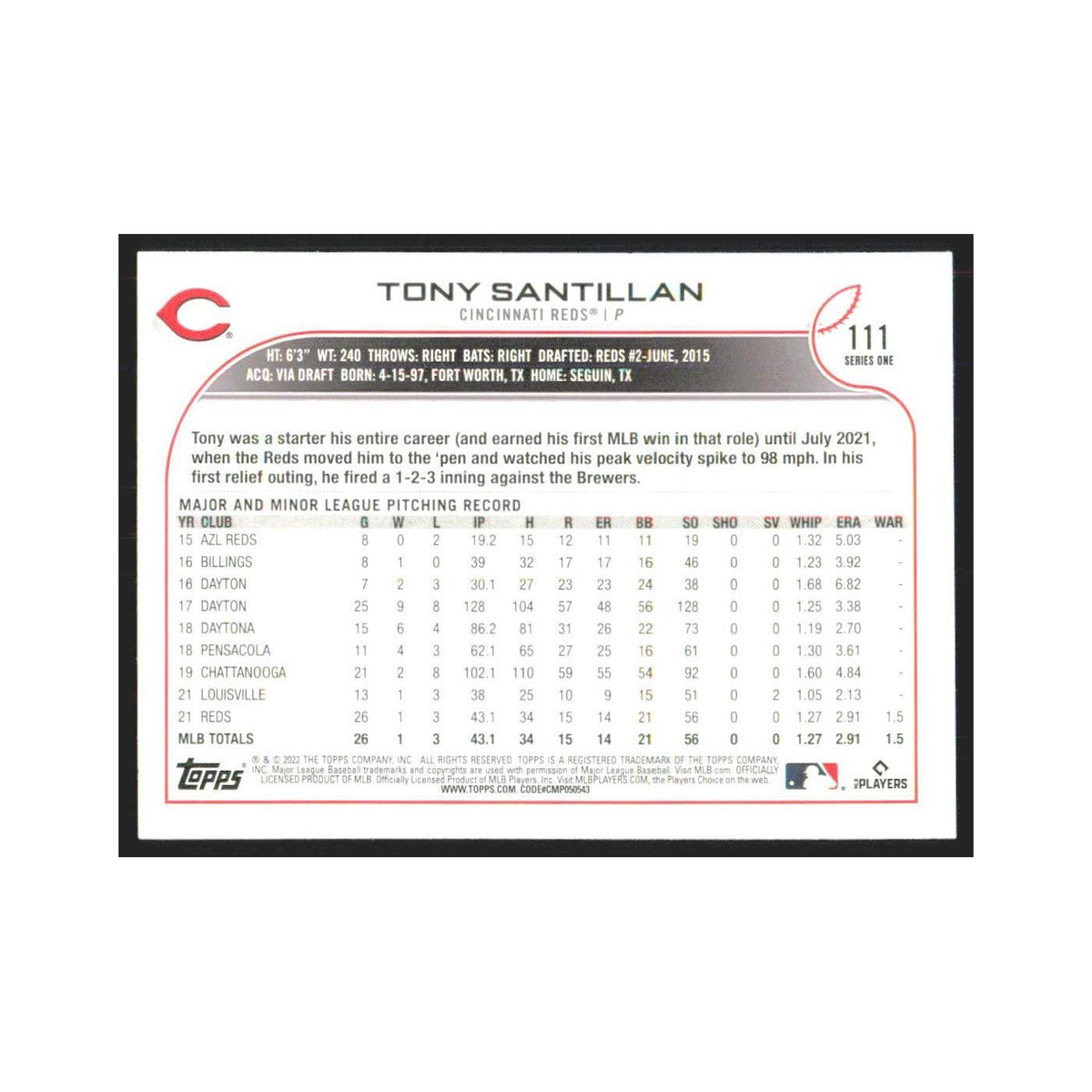 2022 Topps Tony Santillan RC Reds #111