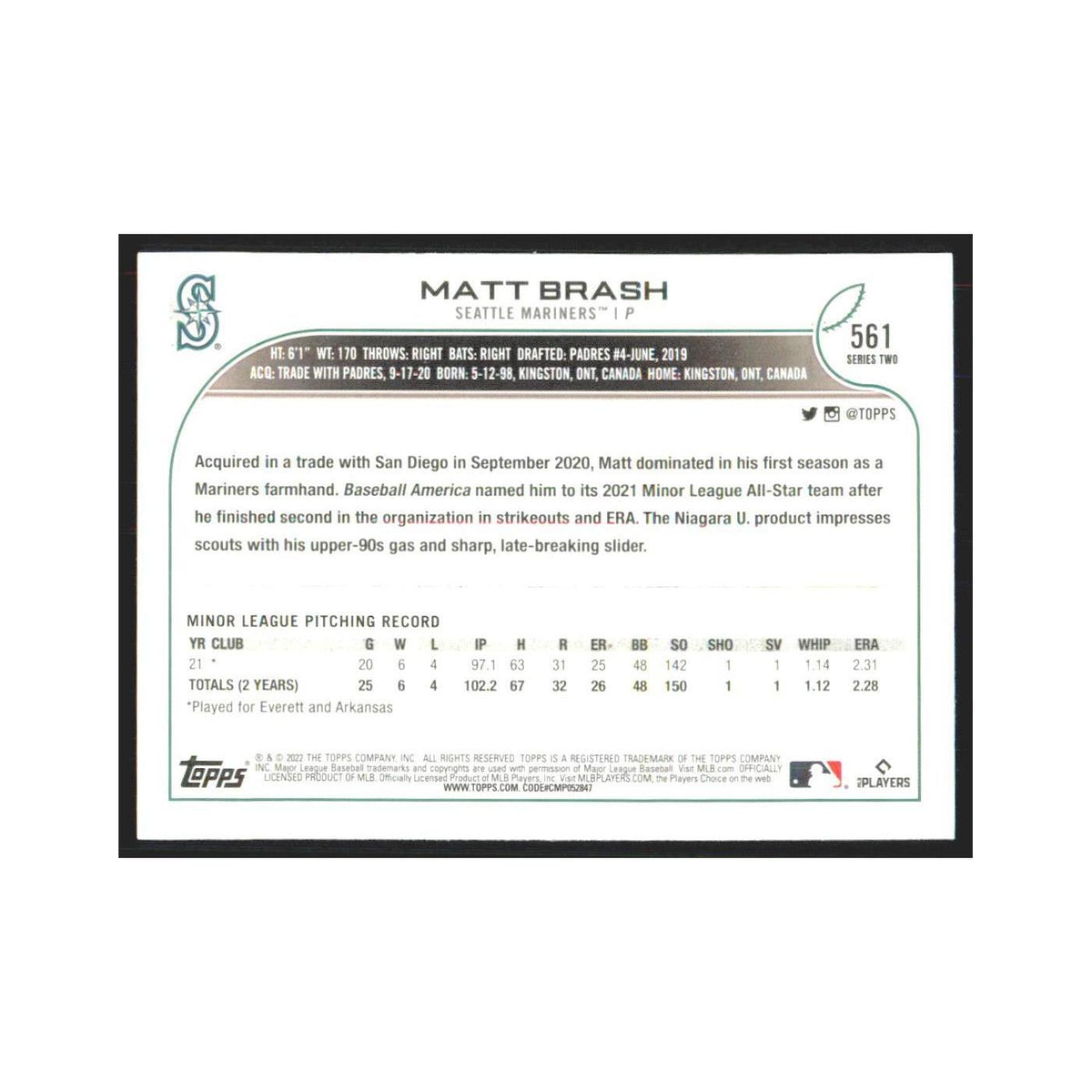 2022 Topps Matt Brash RC Mariners #561