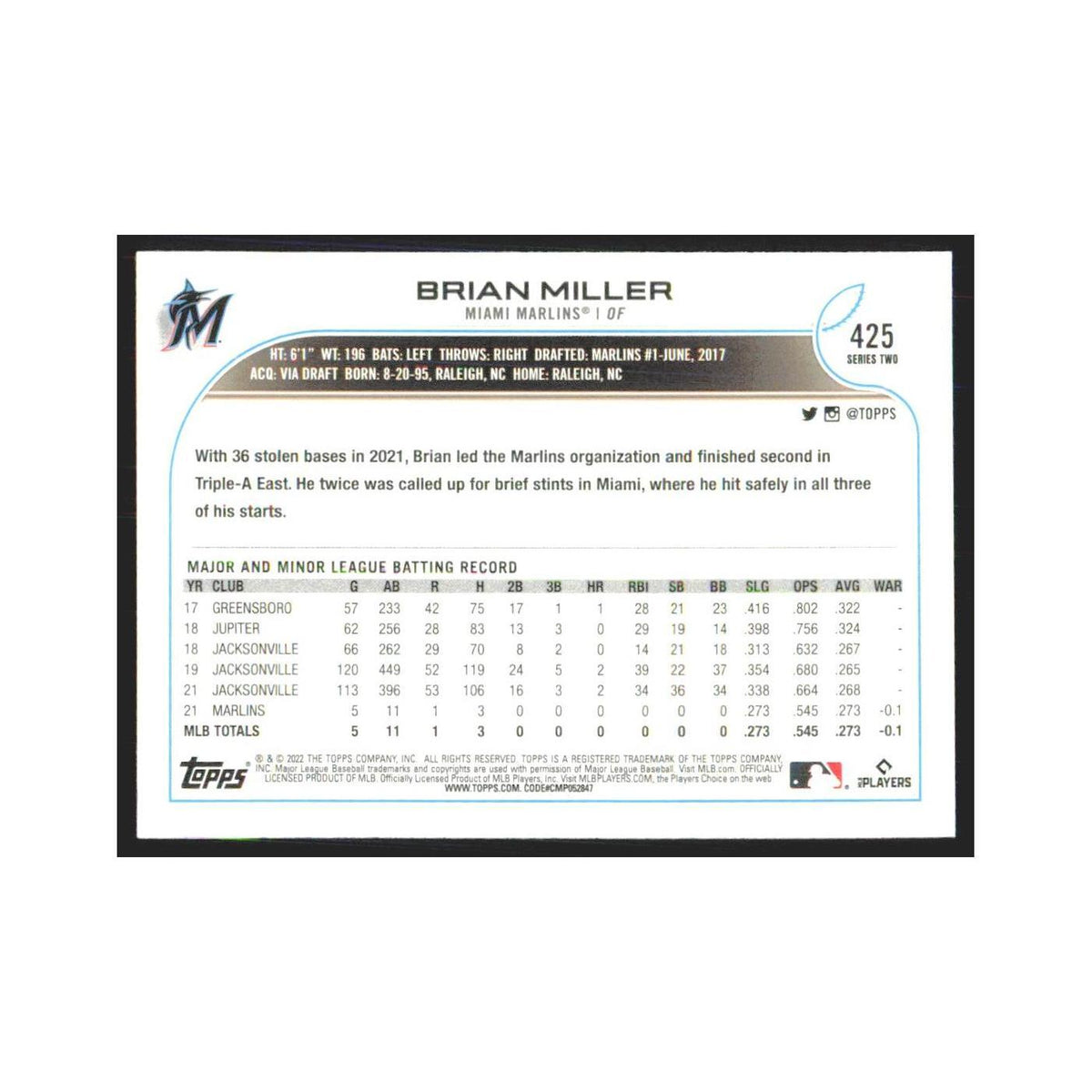 2022 Topps Brian Miller RC Marlins #425