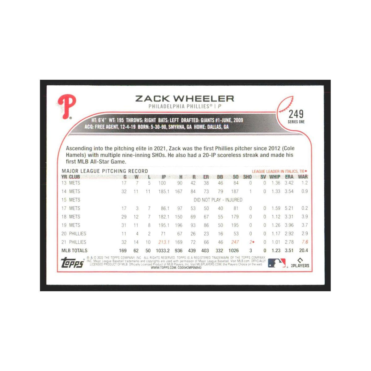 2022 Topps Zack Wheeler Phillies #249