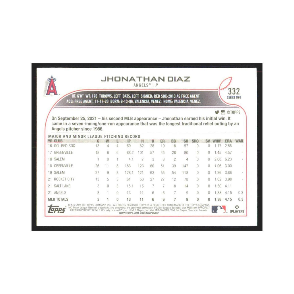 2022 Topps Jhonathan Diaz RC Angels #332