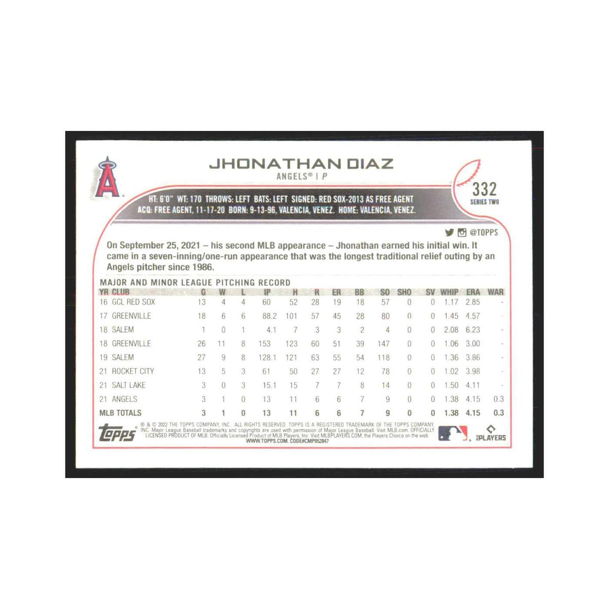 2022 Topps Jhonathan Diaz RC Angels #332