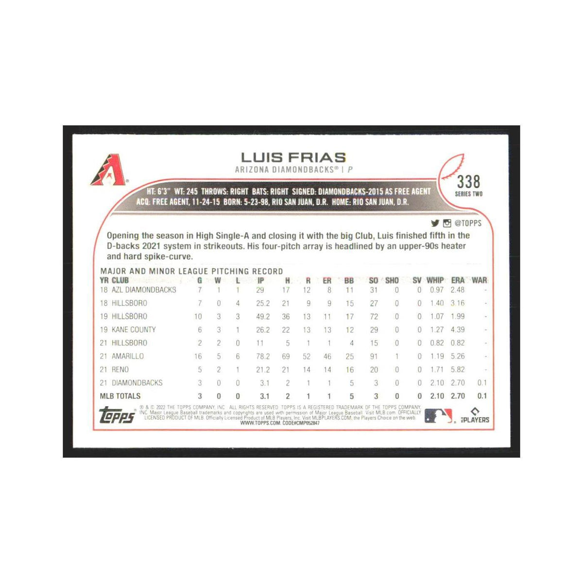 2022 Topps Luis Frias RC Diamondbacks #338