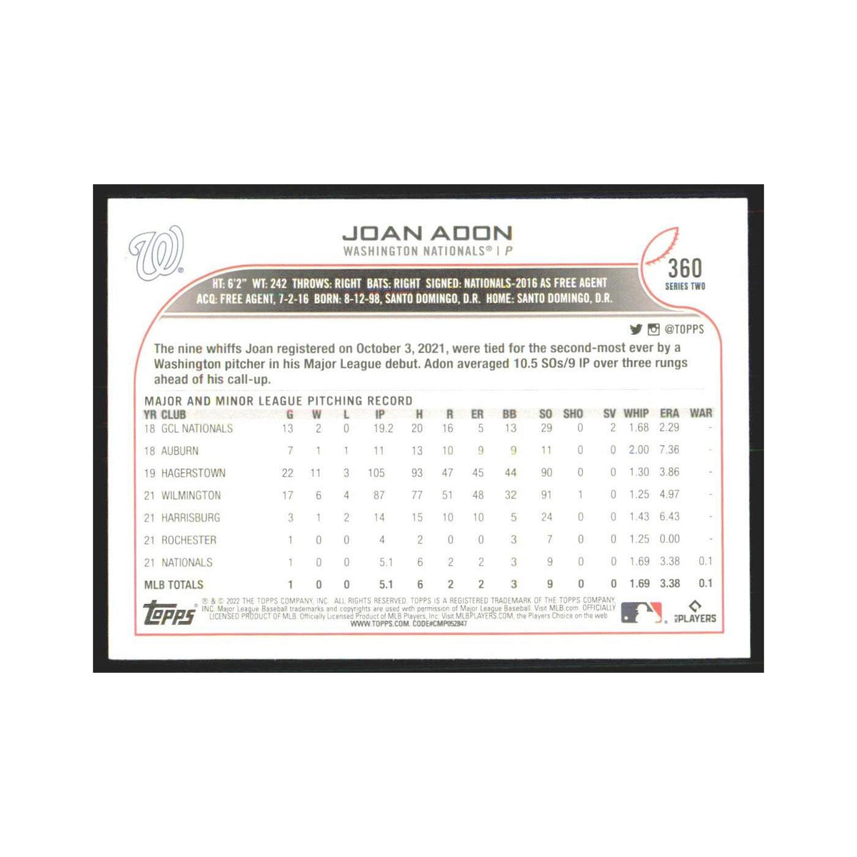 2022 Topps Joan Adon RC Nationals #360