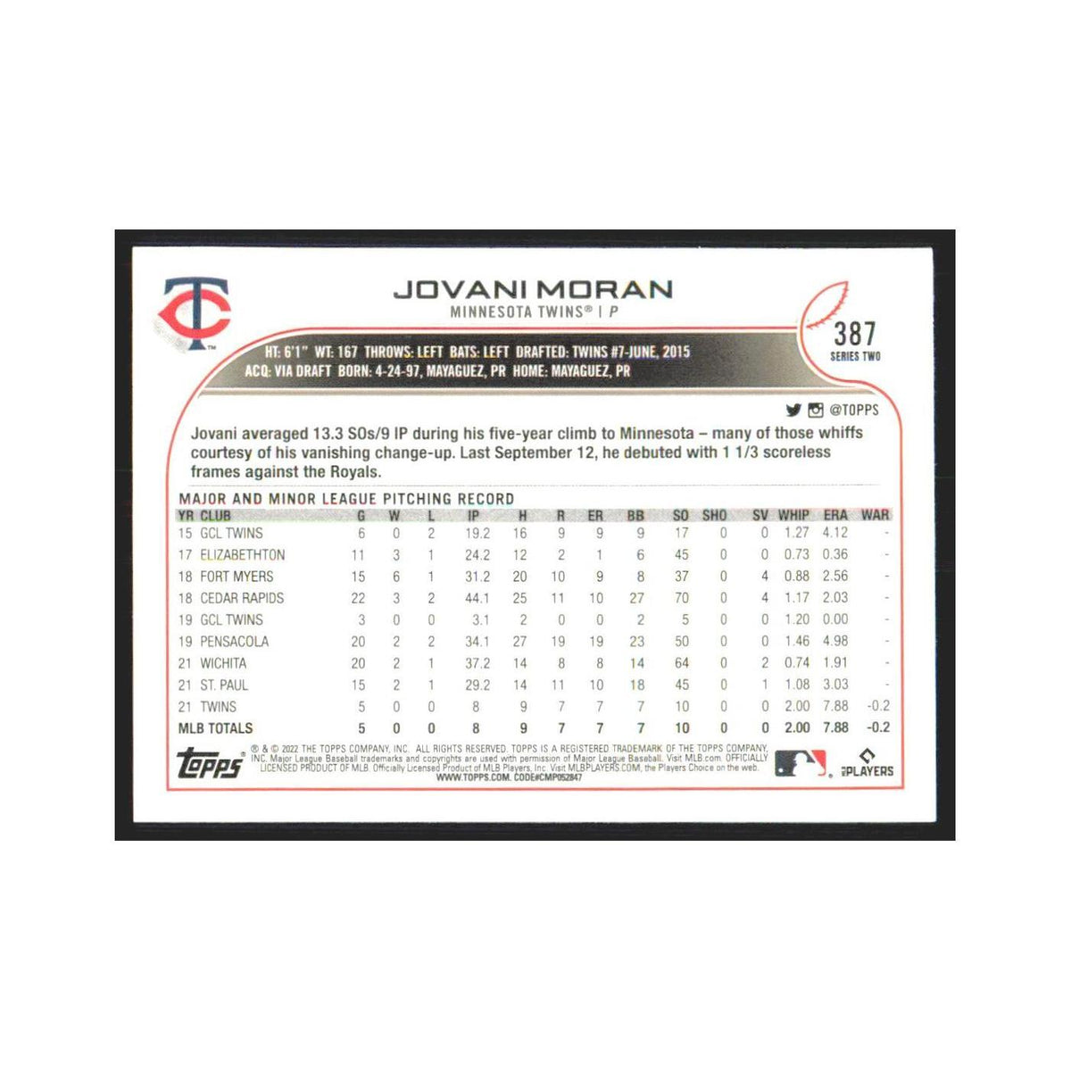 2022 Topps Jovani Moran RC Twins #387