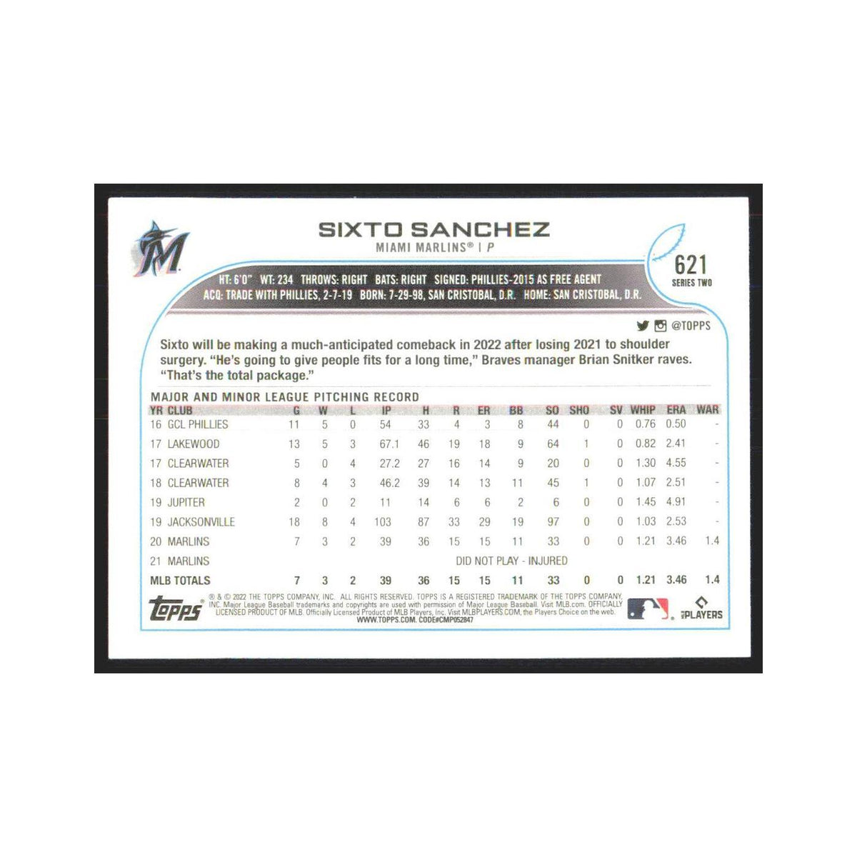 2022 Topps Sixto Sanchez Marlins #621