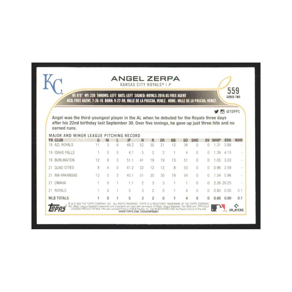 2022 Topps Angel Zerpa RC Royals #559