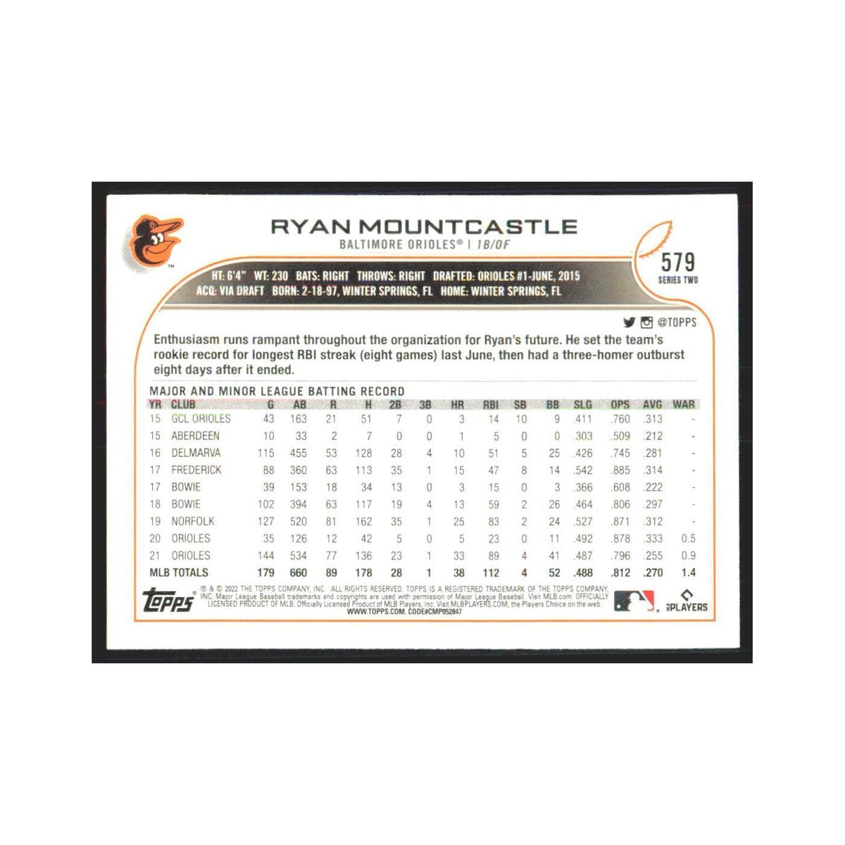2022 Topps Ryan Mountcastle Orioles #579