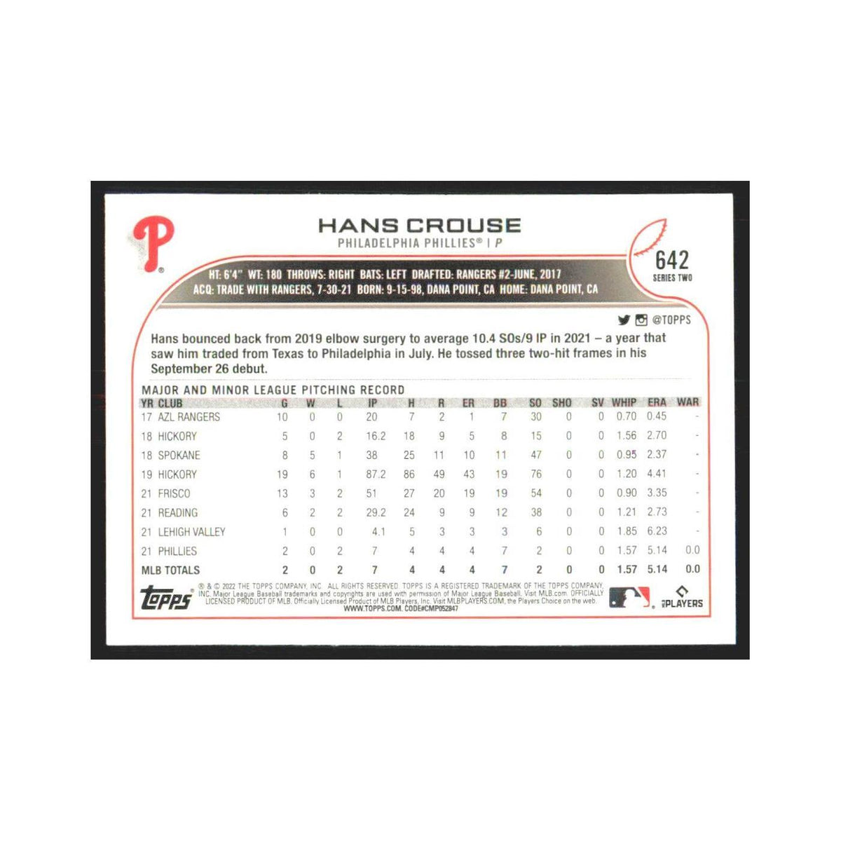 2022 Topps Hans Crouse RC Phillies #642