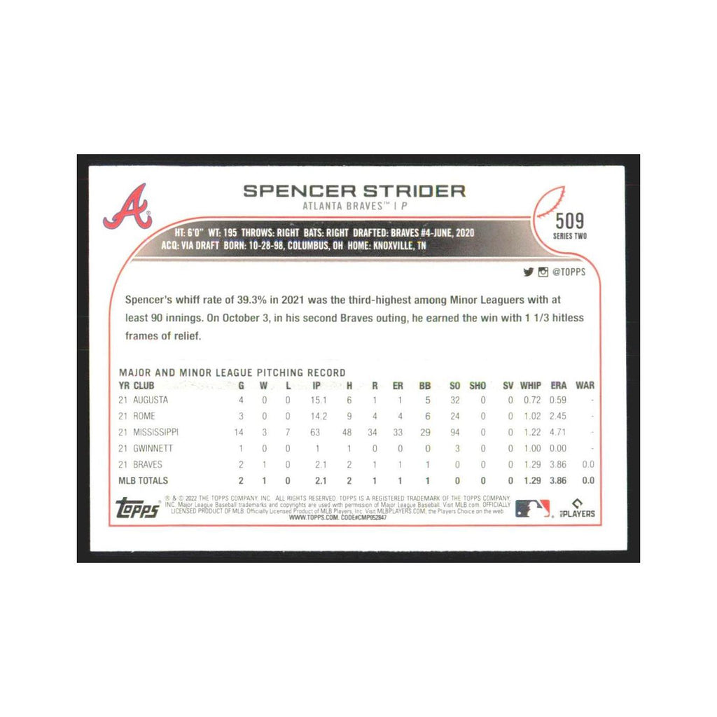 2022 Topps Spencer Strider RC Braves #509