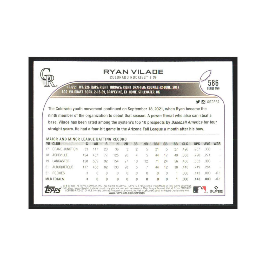 2022 Topps Ryan Vilade RC Rockies #586