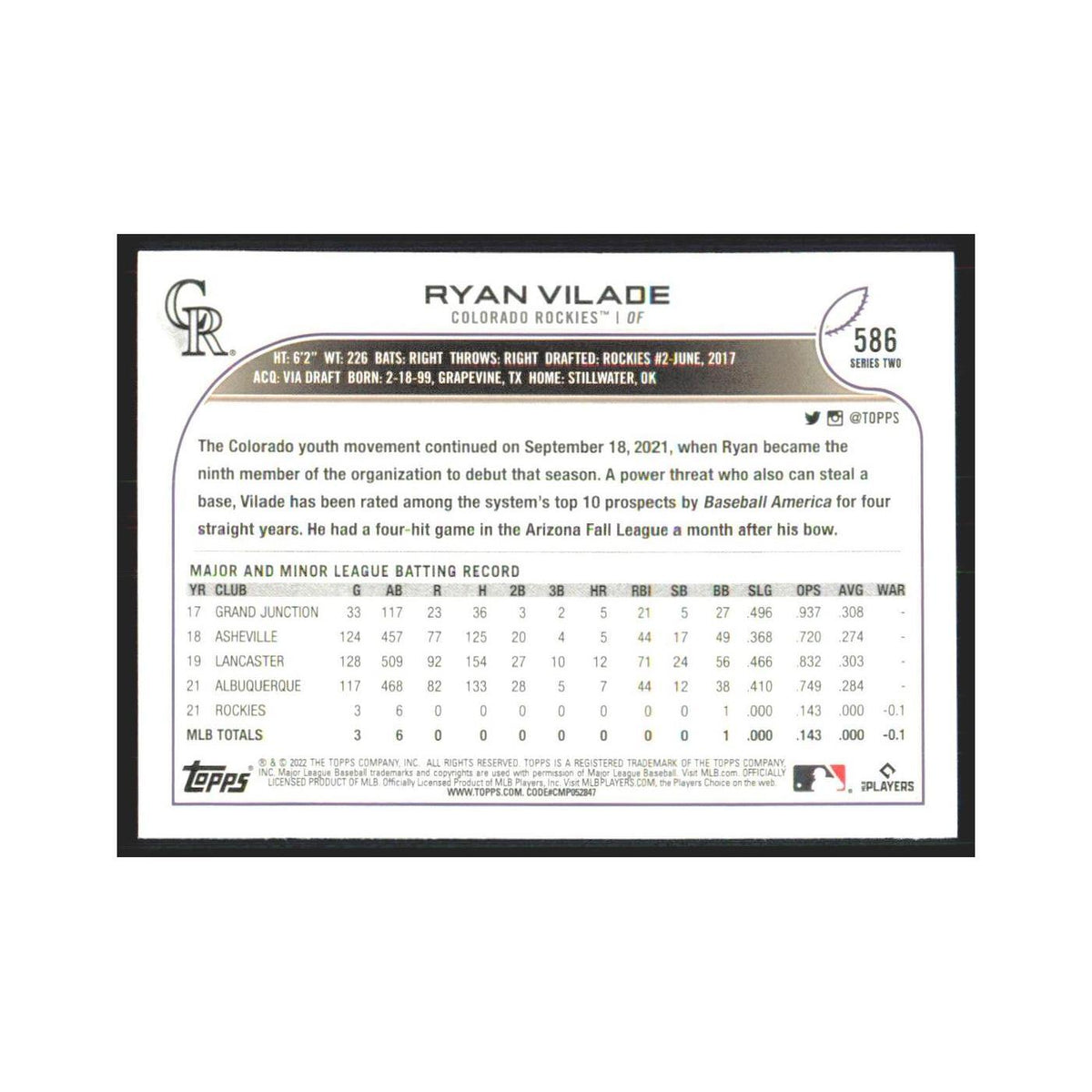 2022 Topps Ryan Vilade RC Rockies #586