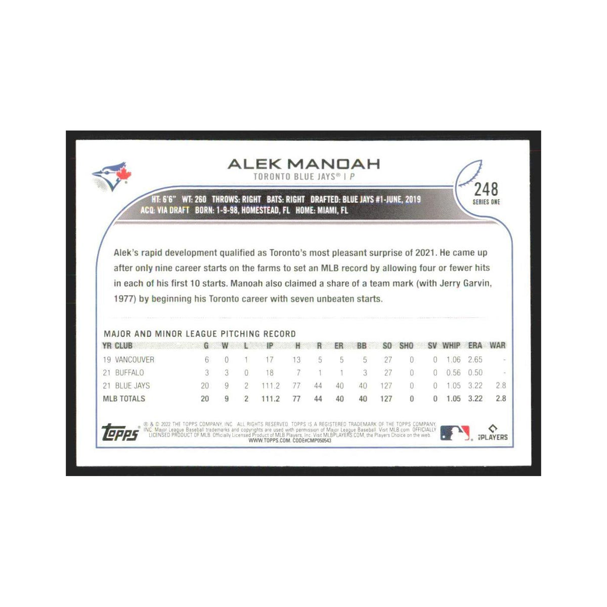 2022 Topps Alek Manoah Blue Jays #248