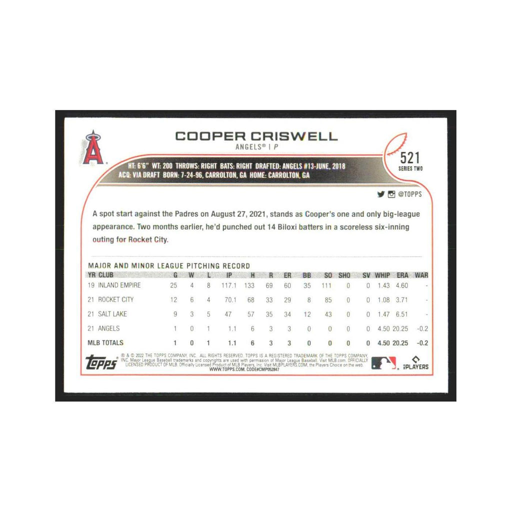 2022 Topps Cooper Criswell RC Angels #521
