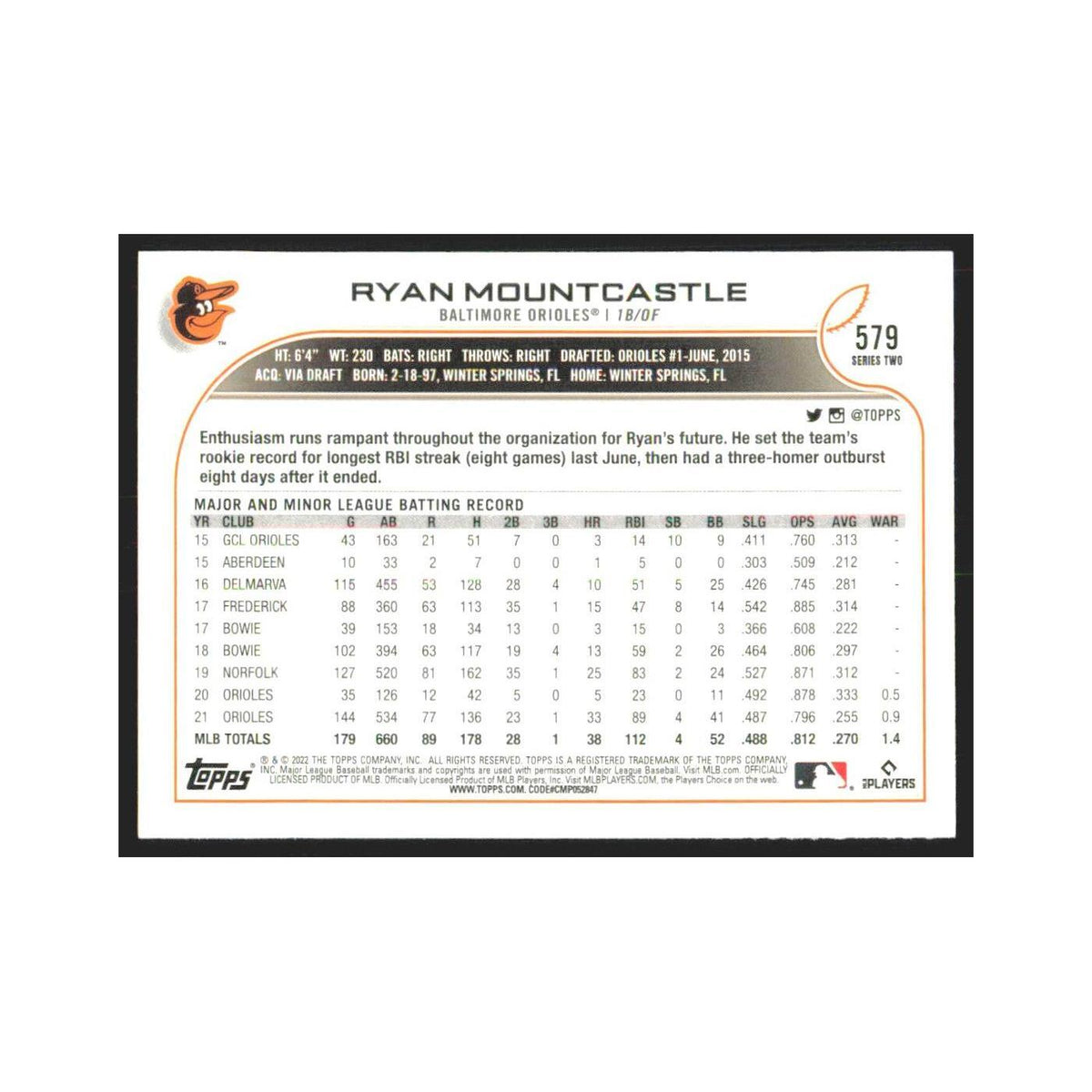 2022 Topps Ryan Mountcastle Orioles #579