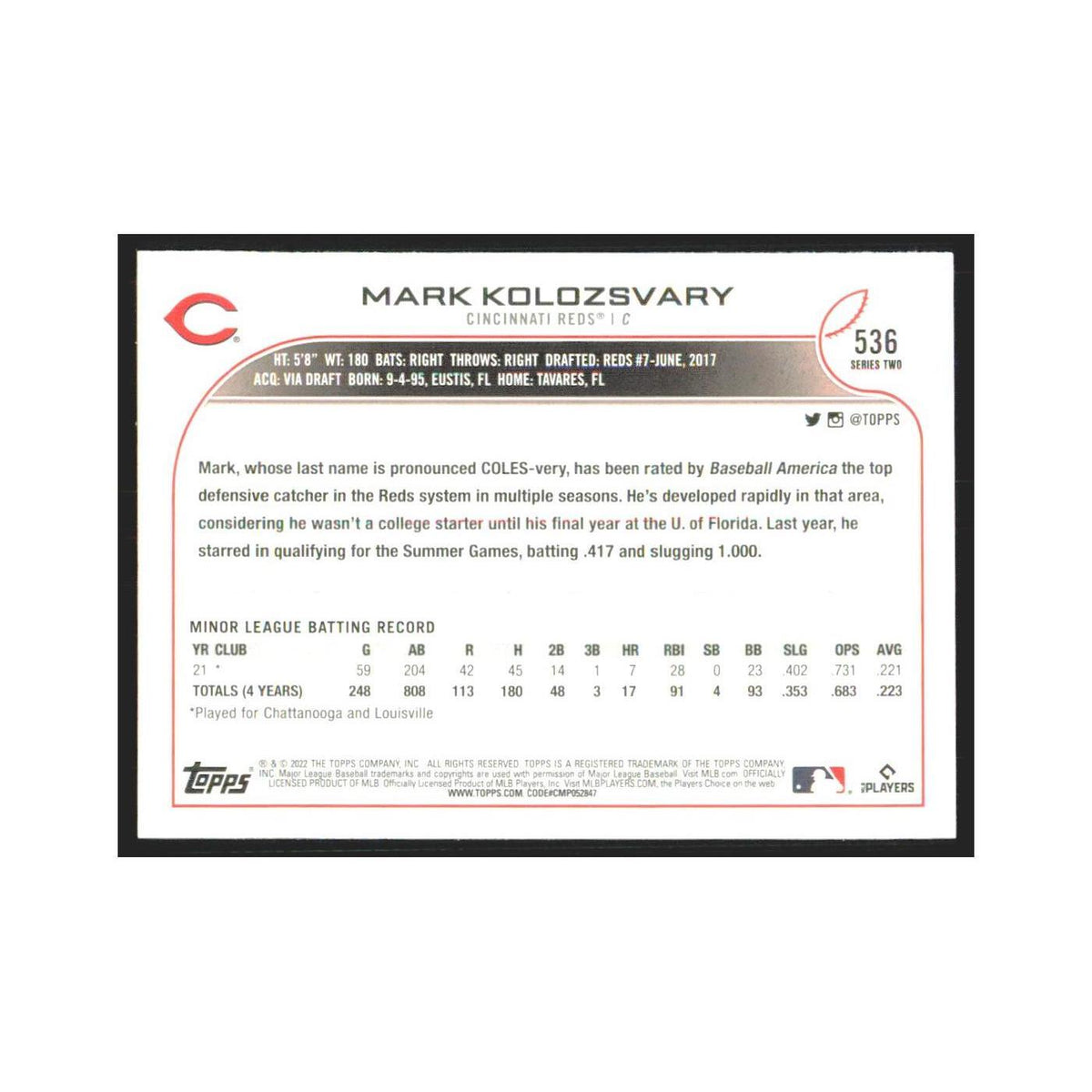 2022 Topps Mark Kolozsvary RC Reds #536