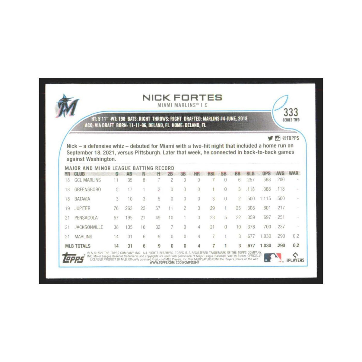 2022 Topps Nick Fortes Marlins #333