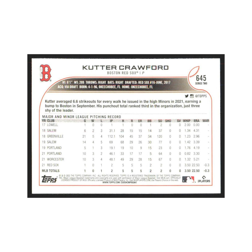 2022 Topps Kutter Crawford Red Sox #645