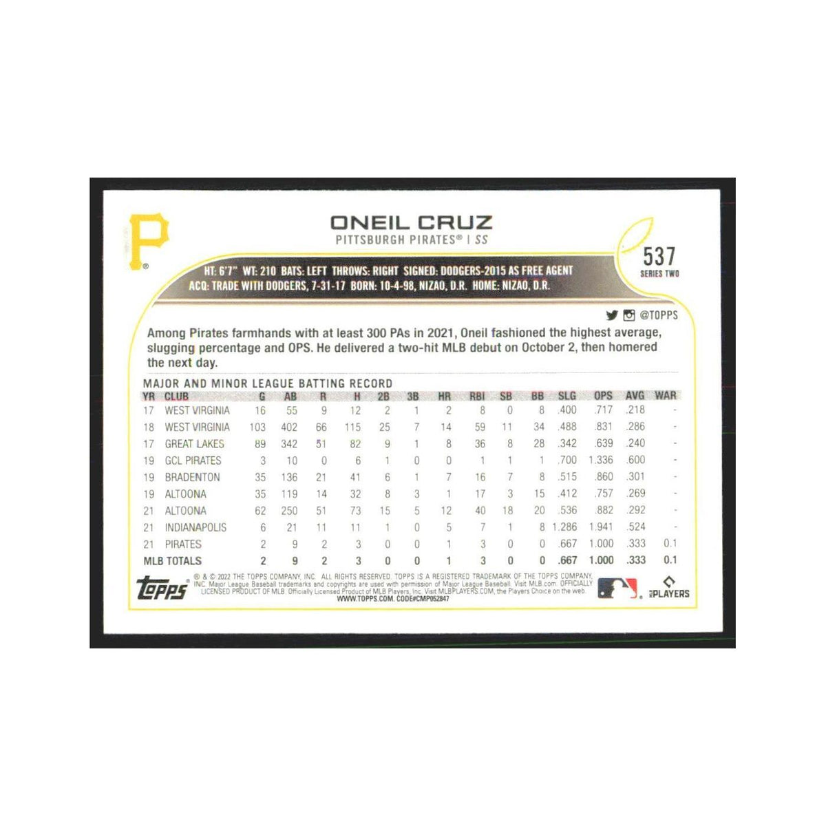 2022 Topps Oneil Cruz RC Pirates #537