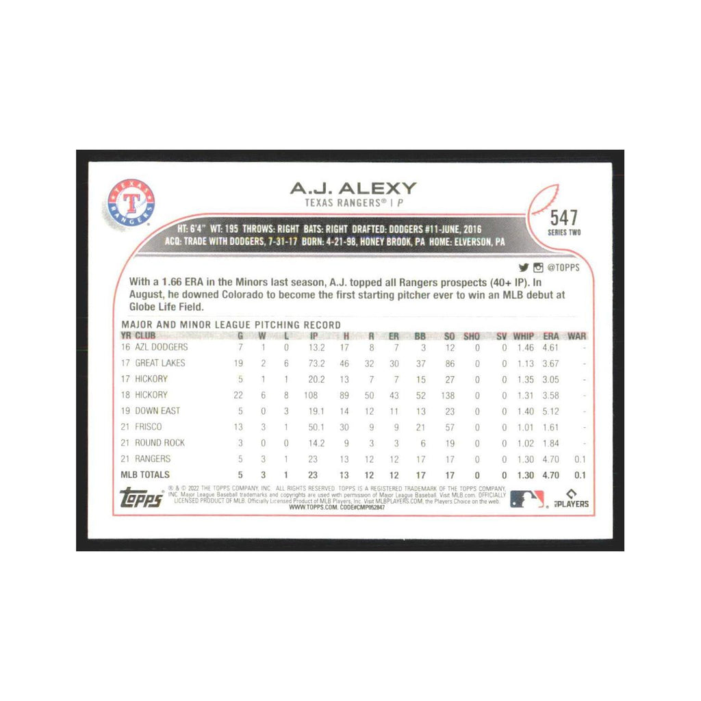 2022 Topps A.J. Alexy RC Rangers #547