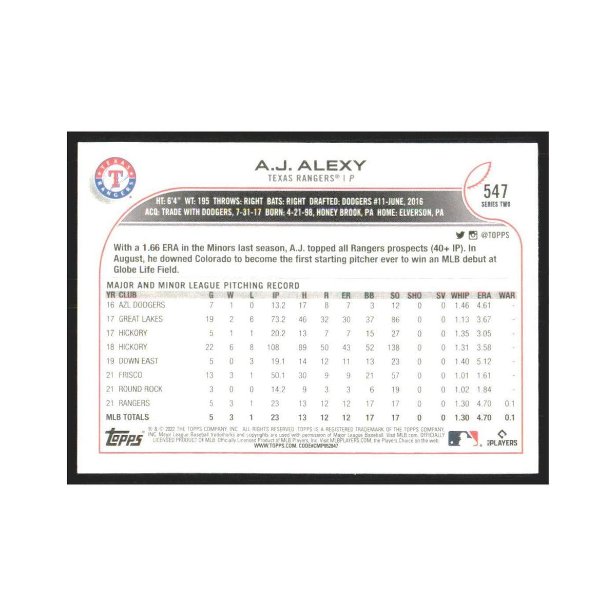 2022 Topps A.J. Alexy RC Rangers #547